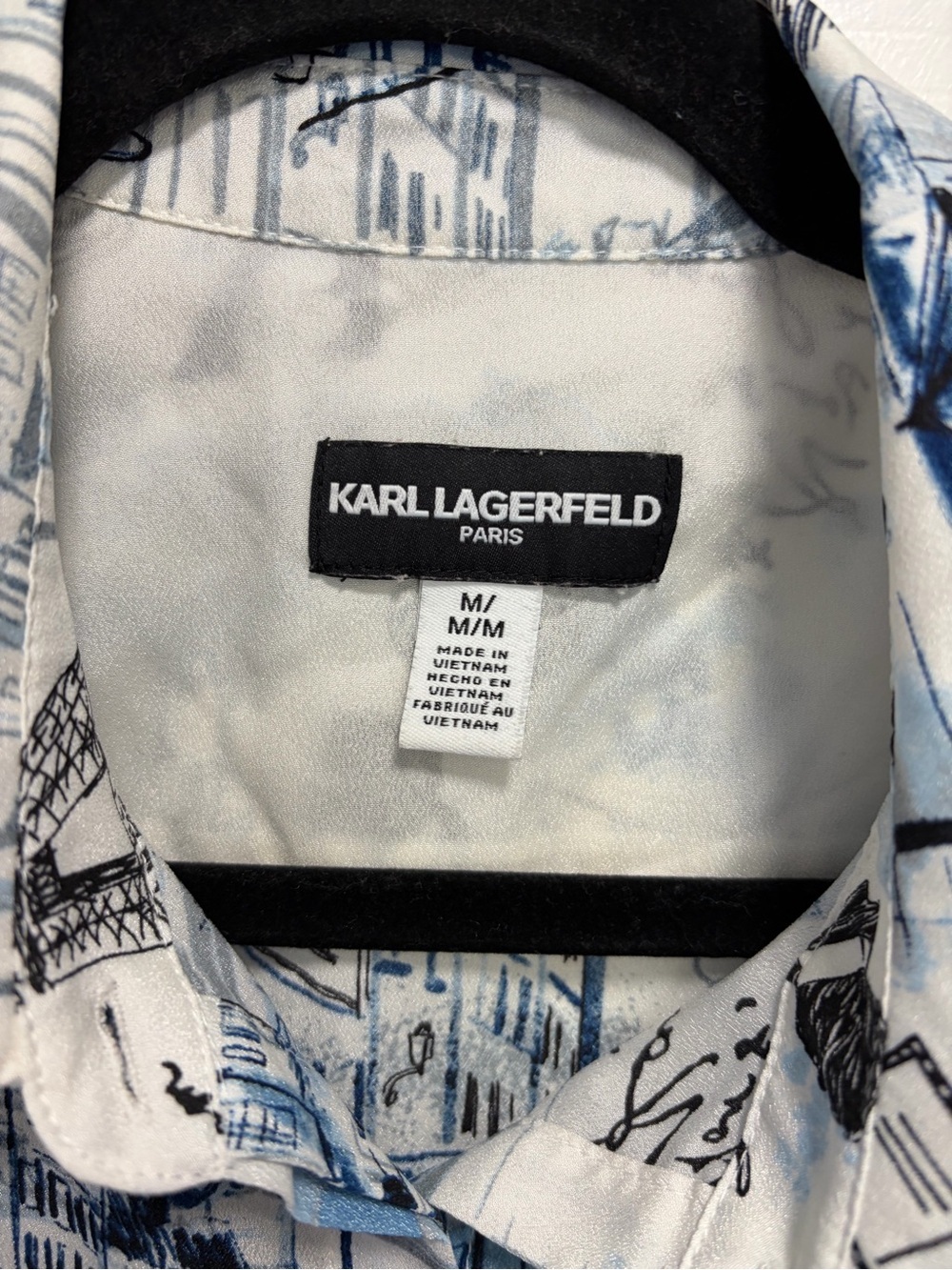 Karl Lagerfeld Paris Print Button-Down Shirt M White Blue Novelty - Picture 3 of 9